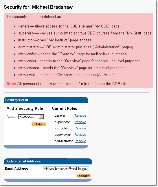 image of the User Security page highlighting the definitions area discussed in the text