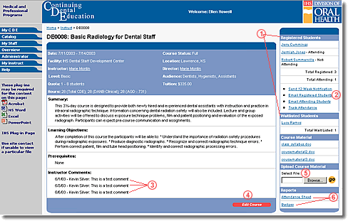 Screen capture of course detail page as seen by instructors with features indicated with numbers as described in the text