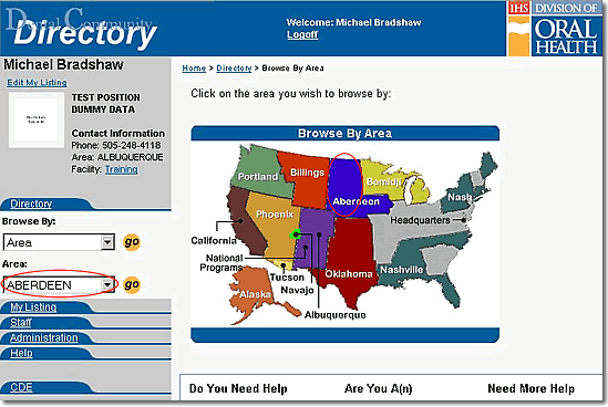 Image of Dental Directory main navigation using browse by area