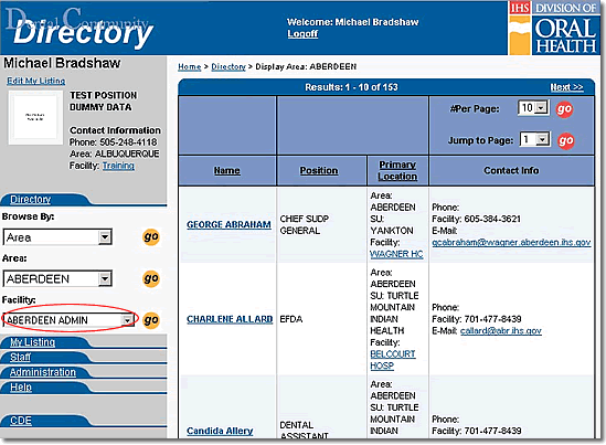 Image of Dental Directory main navigation using browse by area and selecting a facility from the pull-down list provided