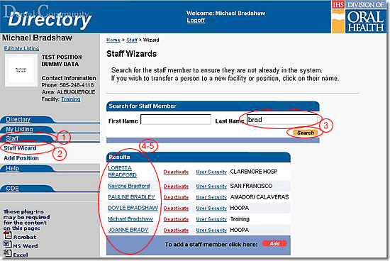 image of staff page with navigation highlighted as discussed in steps 1 to 5