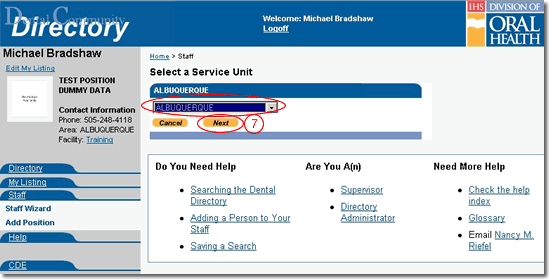 image of staff page with navigation highlighted as discussed in step 7