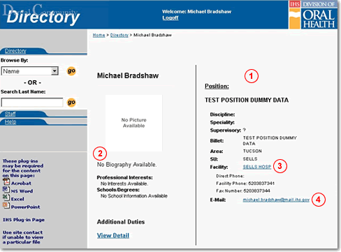 Screen capture of personnel profile page with features indicated by number as described in the text