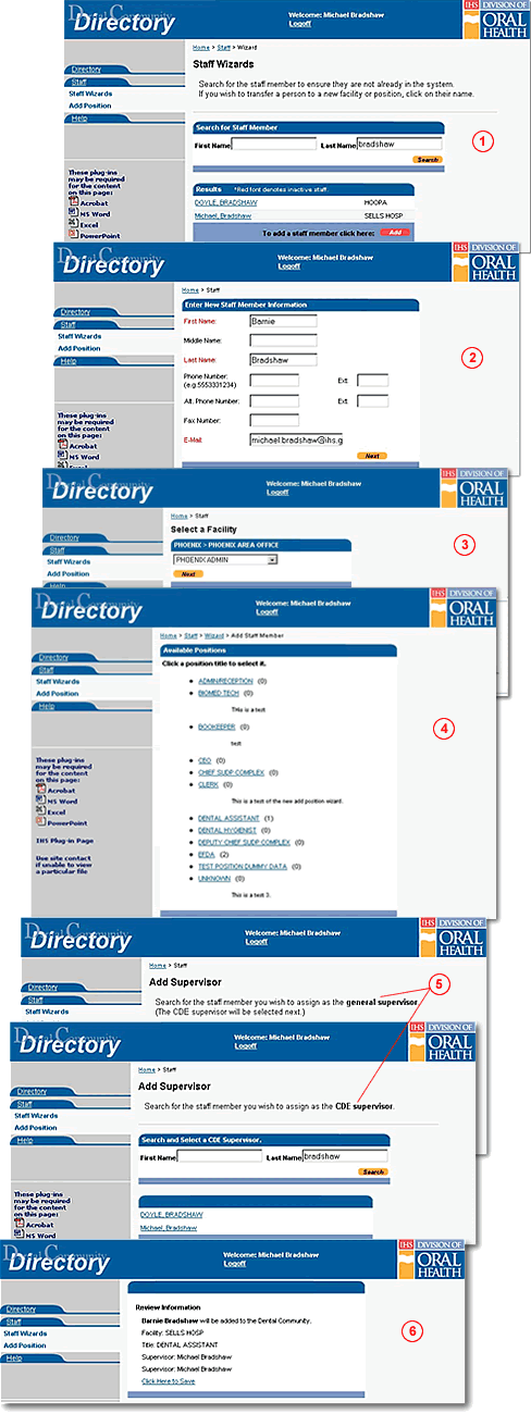 Screen capture of opening screen for the Add Staff Wizard with benefits indicated using numbers as described in the text