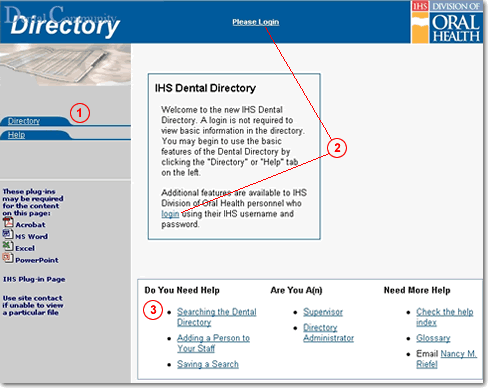 Screen capture of directory welcome page with features indicated by number as described in the text