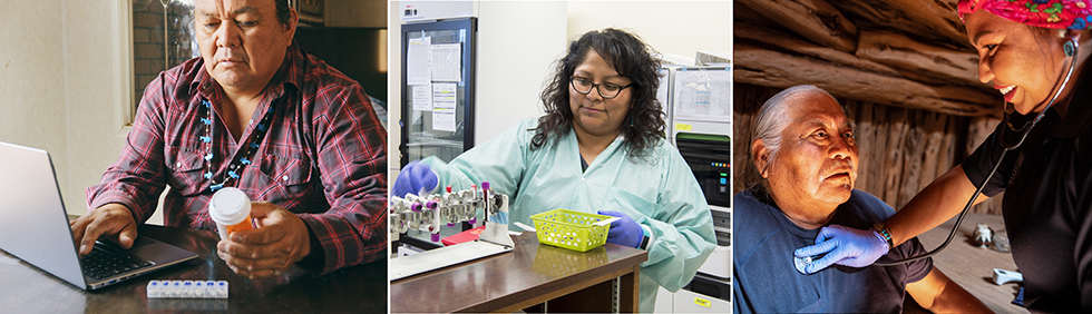 A man using a laptop and looking at a prescription bottle, a lab worker, and an EMT using a stethescope on a patient