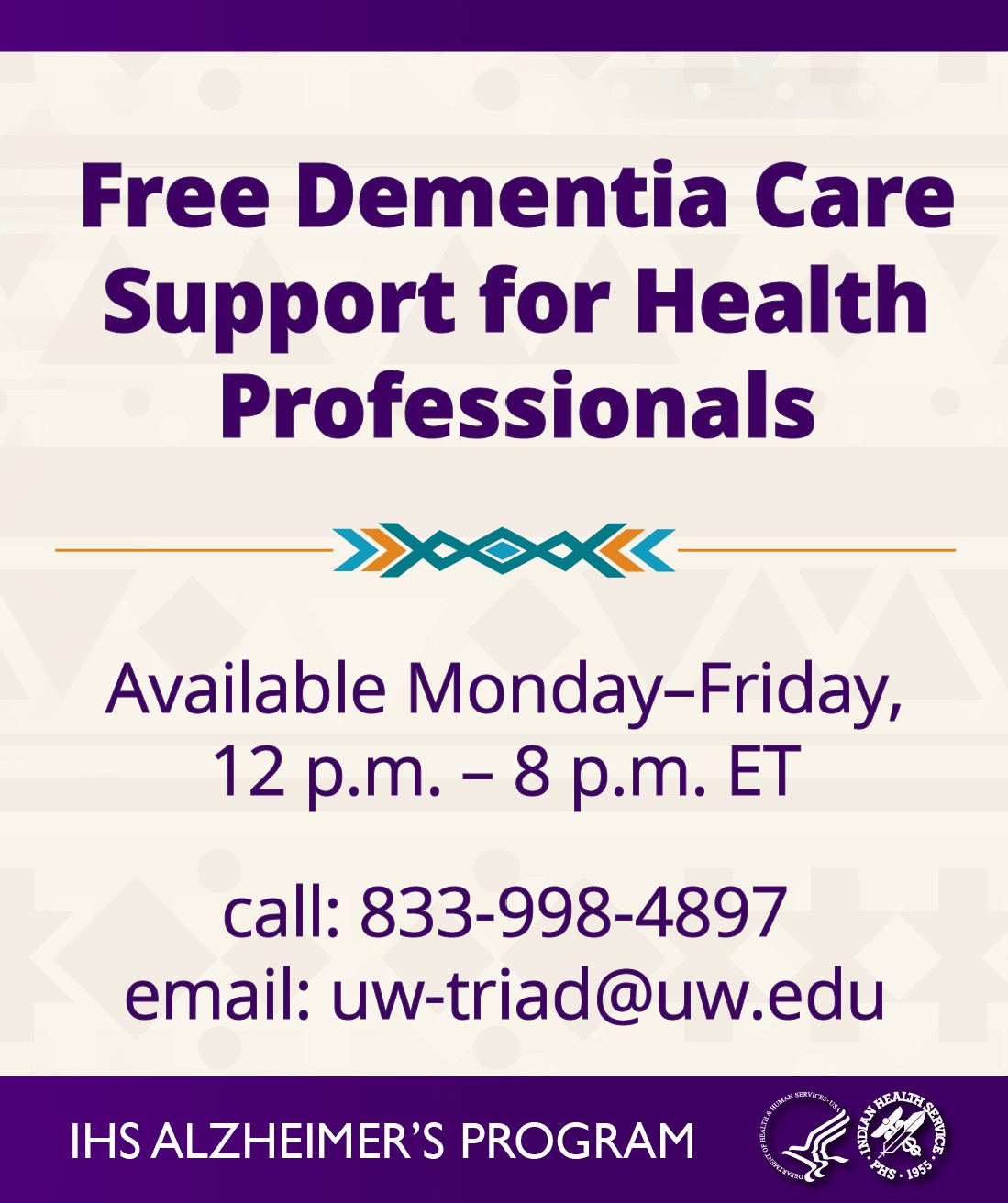 Free Dementia Care Support for Professionals. Monday through Friday. 833-998-4897 or uw-triad@uw.edu