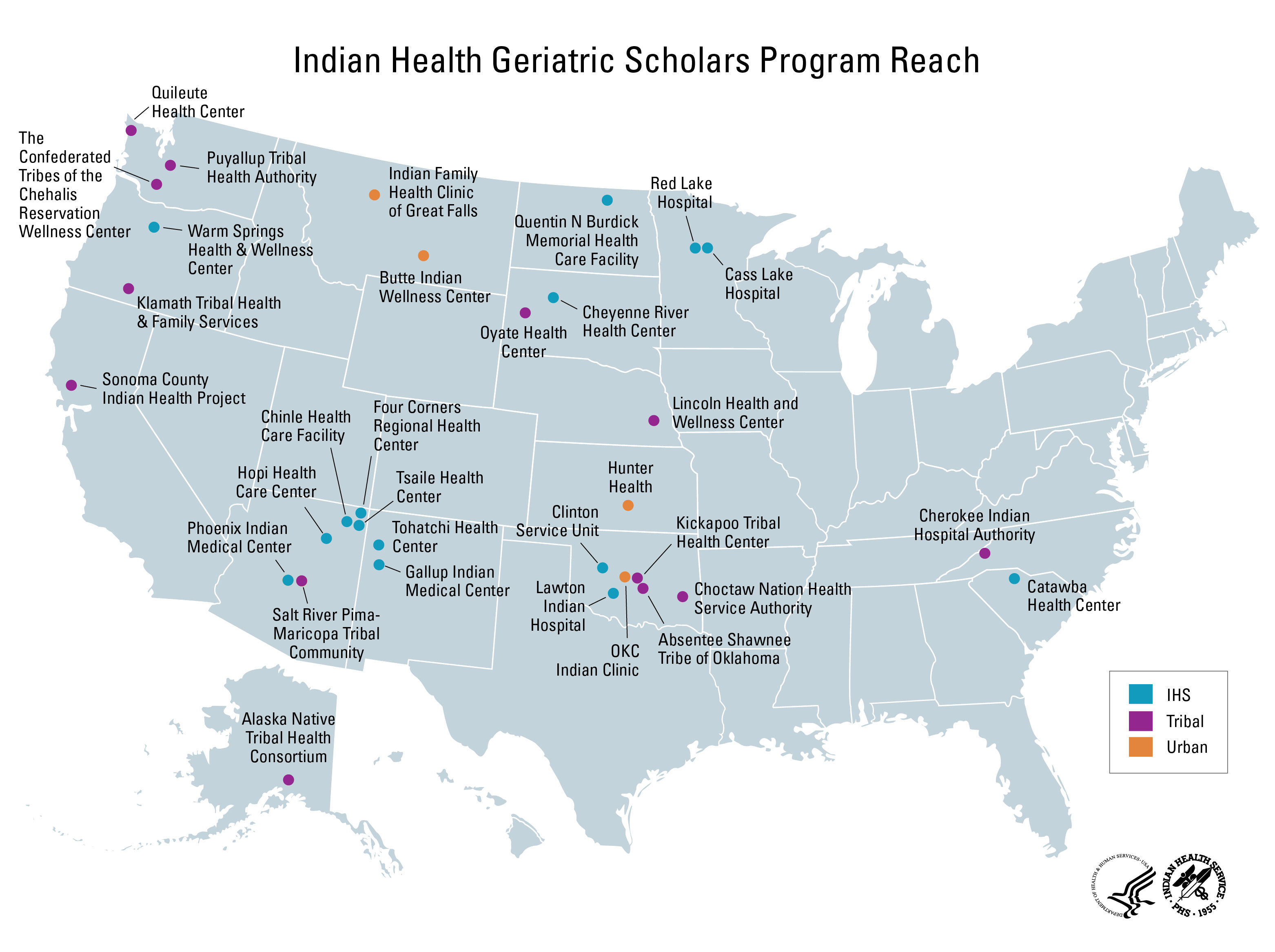 Indian Health Geriatric Scholars Program Reach. IHS GeriScholars map showing locations across the United States