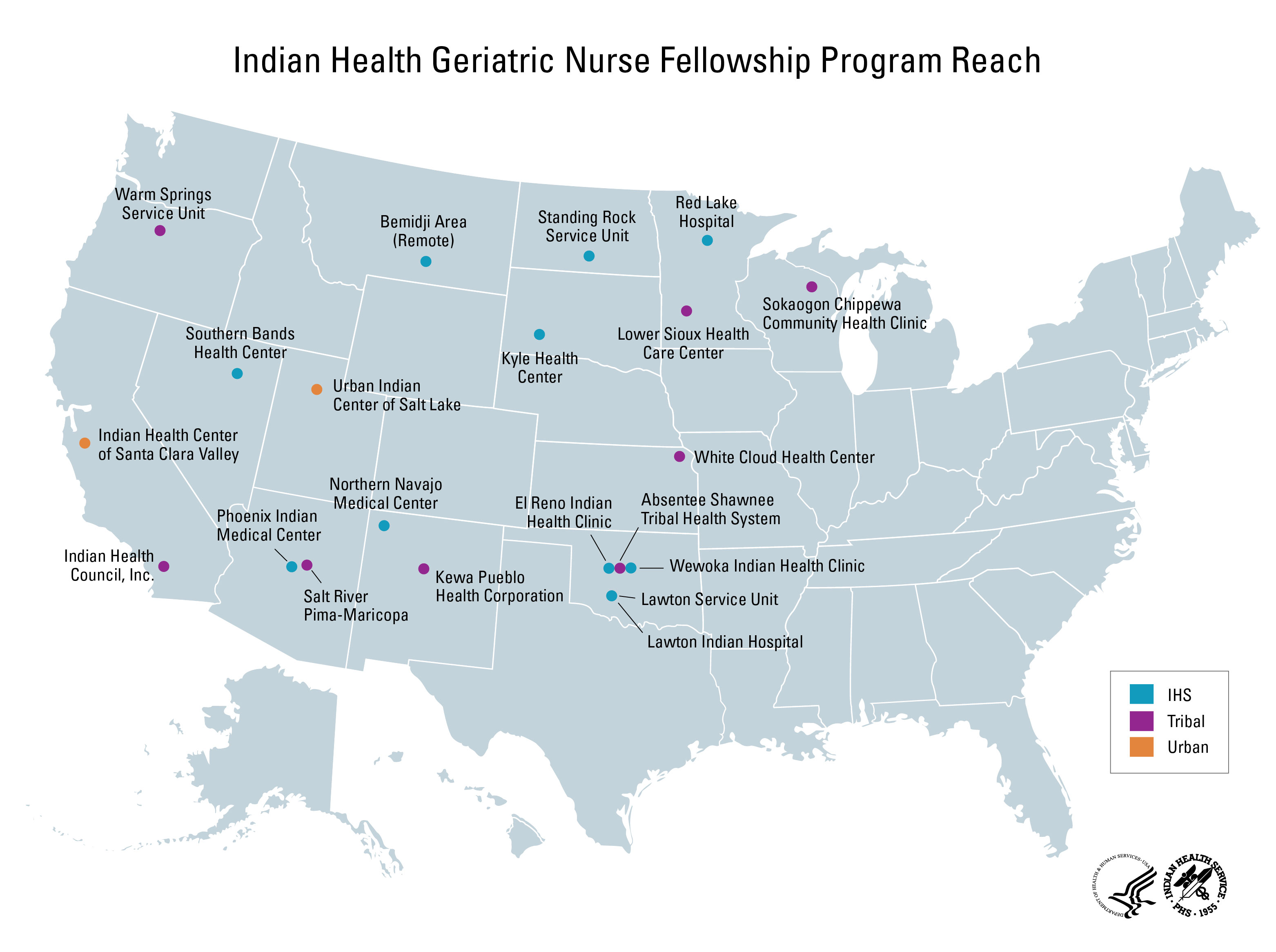 Indian Health Geriatric Nurse Fellows Program Reach. IHS Geriatric Nurse Fellows map showing locations across the United States