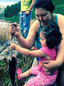 A mother and toddler daughter fishing