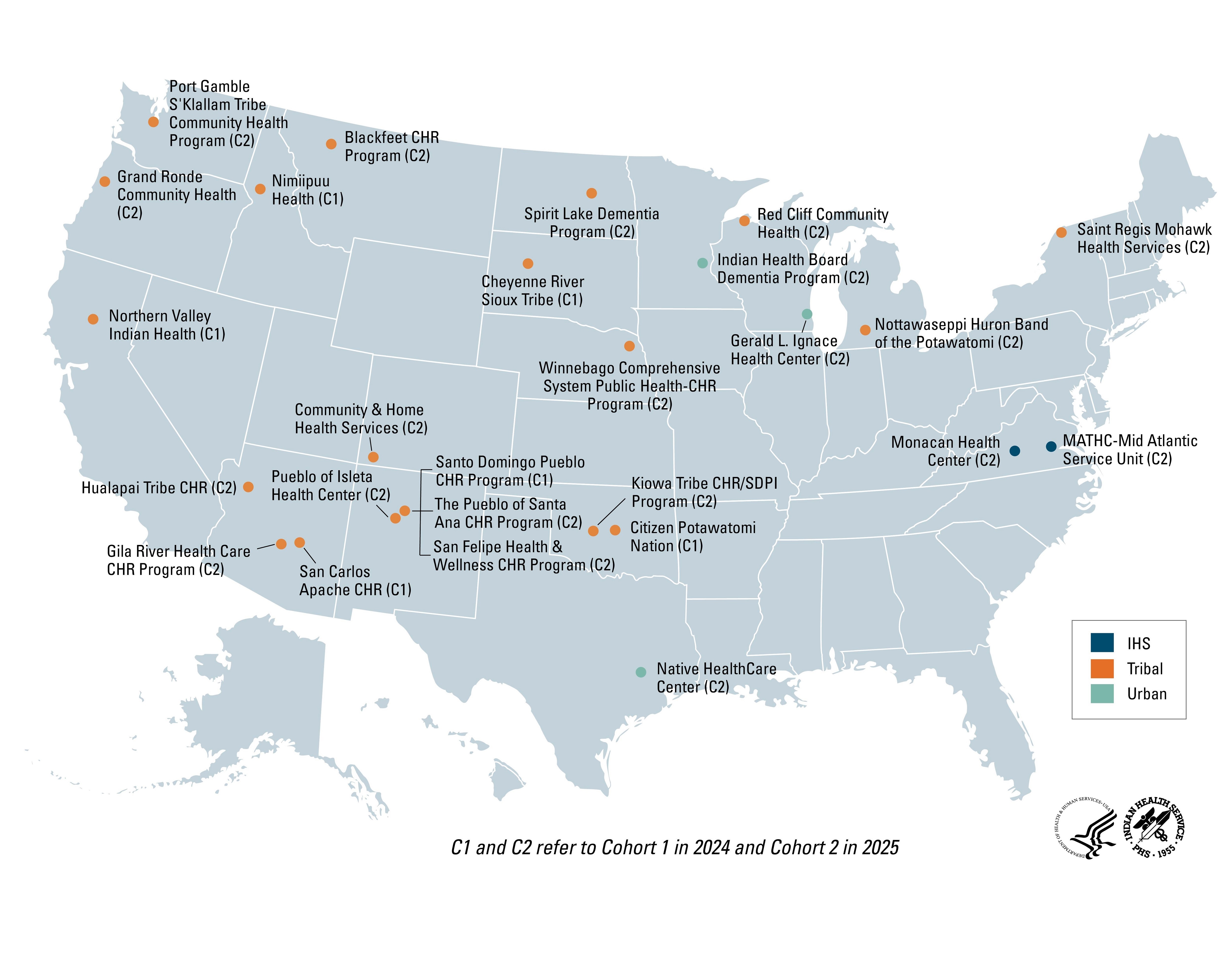 Map of the United States showing CHR IHS, Tribal, and Urban Mini-Cog locations for pilots 1 and 2. C1 and C2 refer to cohort 1 in 2024 and as cohort 2 in 2025.