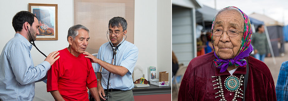 An elder man getting a checkup and an elderly native woman in traditional costume