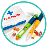 First aid kit with diabetes medical supplies