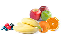 Fresh fruit - berries, bananas, apples, oranges, and bananas