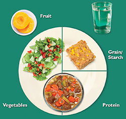 My Native Plate - Peaches, salad, beef and vegetable stew, cornbread, water