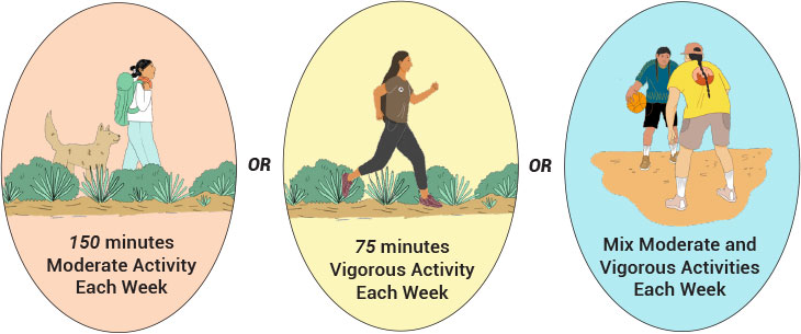 150 minutes Moderate Activity Each Week OR 75 minutes Vigorous Activity Each Week OR Mix Moderate and Vigorous Activities Each Week
