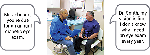 A provider talking with his patient about getting an annual diabetic eye exam.