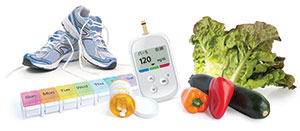Walking shoes, pill box, Rx medication bottle, glucose meter, vegetables.