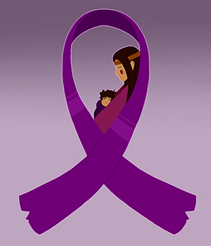Illustration of a native mother and baby surrounded by a purple ribbon