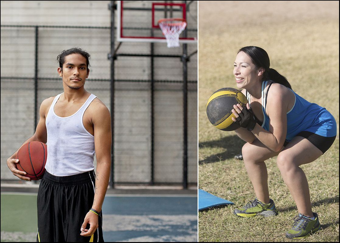 Man playing basketball and woman doing yoga