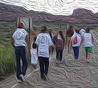 Painterly photo of people walking