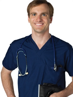 Doctor wearing blue scrub smiling