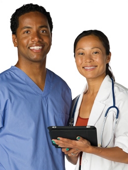 A male and a female doctors smiling