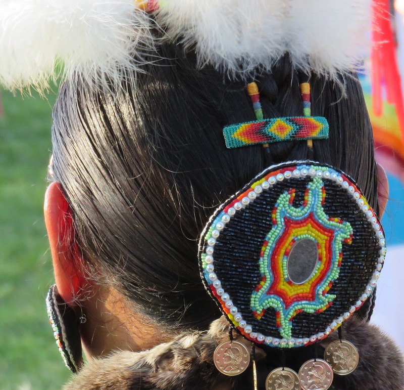 The back of the head of a native american person in costume