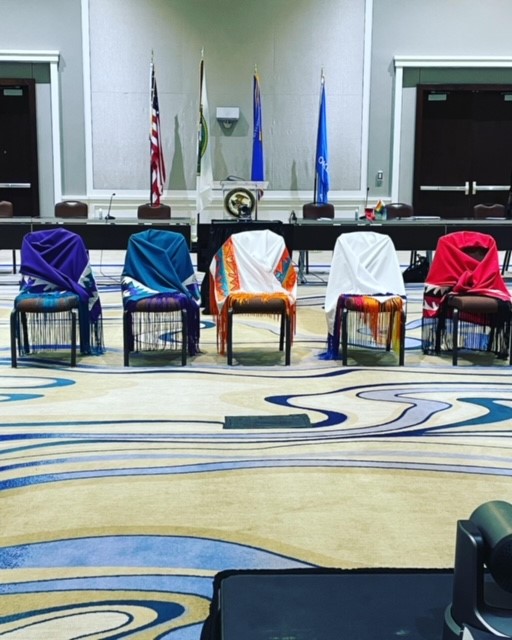 Native Alliance Against Violence hosted the opening Shawl Ceremony – Purple (Domestic Violence); Teal (Sexual Assault); Orange (Children/Youth); Rainbow (2SLGBTQIA+); Red (MMIP)