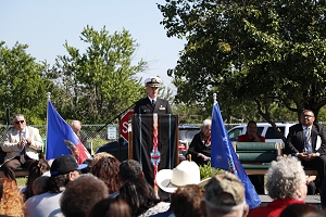 Capt. Greg Ketcher, Lawton Indian Hospital chief executive officer, speaks during a centennial celebration at the Lawton Indian Hospital in Lawton, Okla., April 27, 2016.