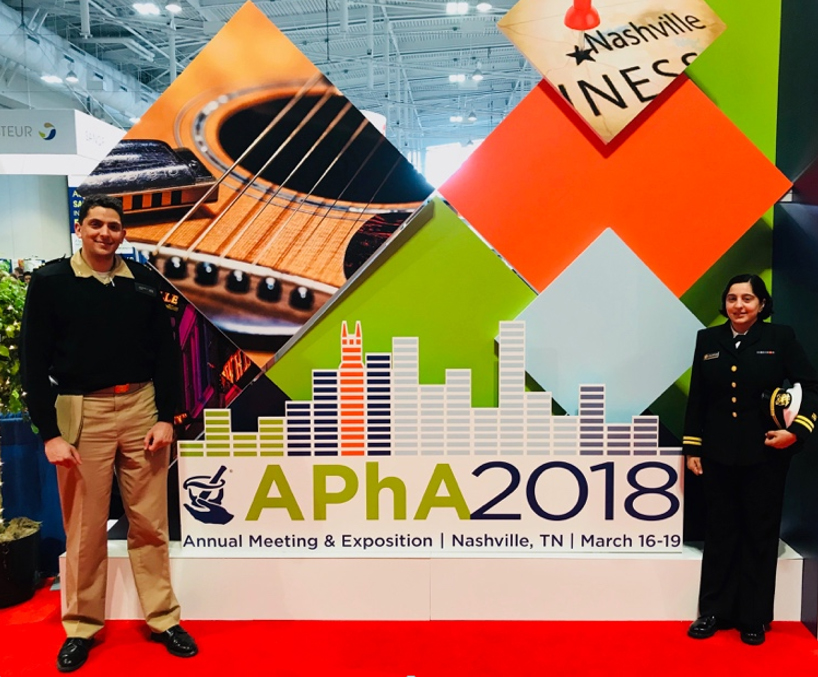 Photo of  Lt. Neelam ‘Nelly’ Gazarian and Lt. Cmdr. Jonathan Owen in Nashville, TN at the APhA 2018 Annual Meeting & Exposition  