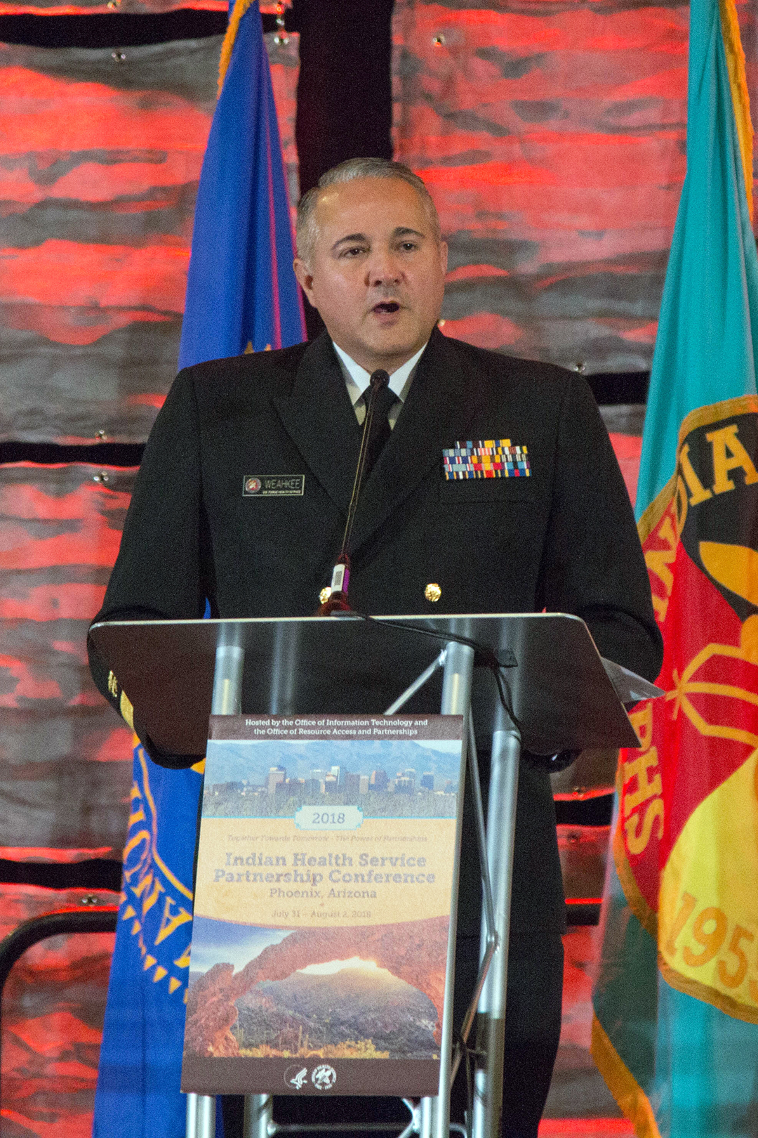 Rear Adm. Michael D. Weahkee, IHS Acting Director, updates attendees during the opening general session in Phoenix, Ariz., July 31, 2018.