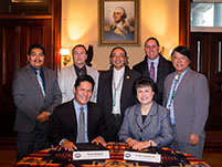 Thumbnail - clicking will open full size image - Notah Begay III, Dr. Yvette Roubideaux, Pueblo of San Felipe LT Governor Joseph Sandoval, Shakopee Mdewakanton Vice-Chairman, Keith Anderson, Navajo Nation Vice-President, Rex Lee Jim, Agua Caliente Chairman, Jeff Grubbe, and Chairman and CEO of the Oneida Nation, Ray Halbritter 