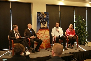 Pictured (from left) are: Michael Botticelli, director of National Drug Control Policy at the White House; John Hobbs, public safety director, Choctaw Tribal Police Department; Dr. Micah Nix, head of the Emergency Department at Claremore Indian Hospital; and Kelly R. Mounce, project director of Systems of Care.