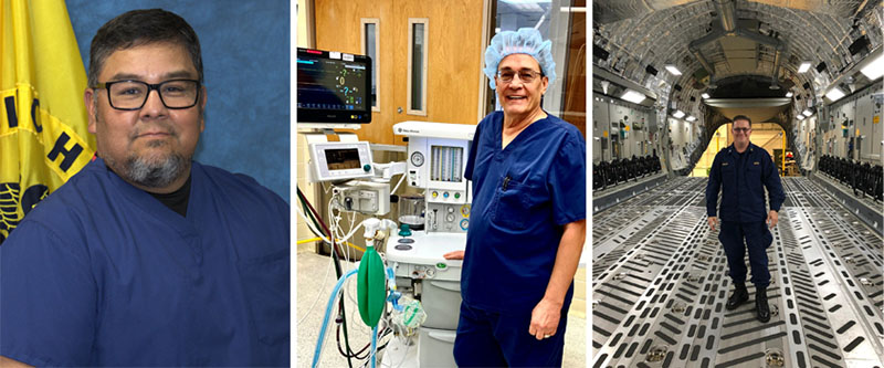 Left: Sean Poe, CRNA at the Claremore Indian Hospital in Oklahoma. Middle: Daniel Wegehaupt, CRNA at the Quentin N. Burdick Memorial Health Care Facility in Belcourt, North Dakota. Right: Cmdr. Brian Molloy, CRNA from the Crow Service Unit in Crow Agency, Montana, attending critical care transport training, which prepares and authorizes U.S. Public Health Service CRNAs to transport critical patients by civilian and military aircraft.