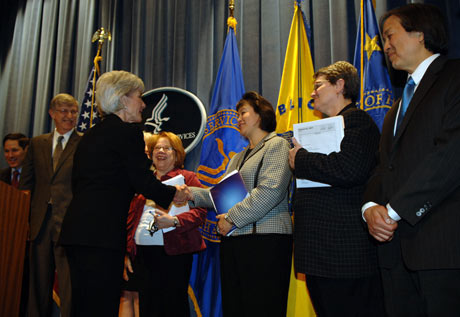 Dr. Roubideaux and Kathleen Sebelius at the HHS 2011 Budget Rollout