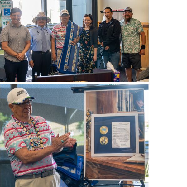 Image of Mel Tonasket with individuals and Mr. Tonasket next to a framed image display of the rememberance coin