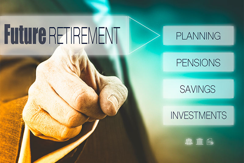 A finger touching a screen that says Future Retirement: Planing, Pensions, Savings, Investments.