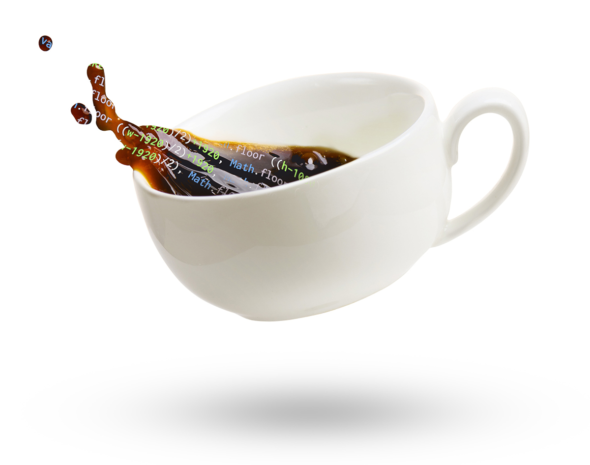 Dropped cup of coffee spilling out Java code.