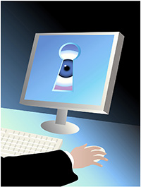 Drawing of a computer monitor displaying an eye looking through a keyhole.