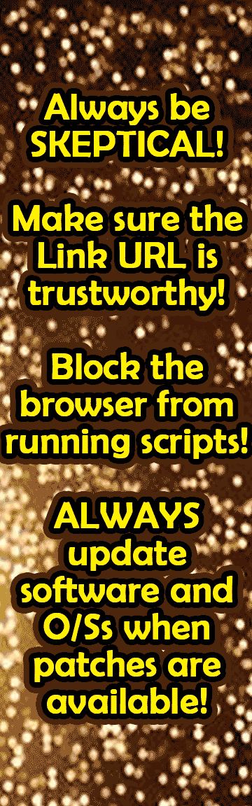Recreation of a banner ad that reads always be skeptical, make sure the link URL is trustworthy, block the browser from running scripts, and always update software and O/Ss when patches are available.