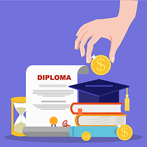 cartoon of diploma and mortar board being fed coins like a piggybank.