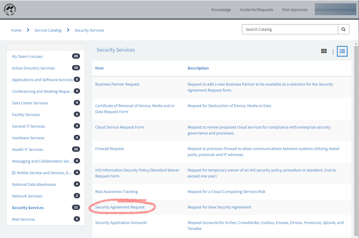The ServiceNow Security Services options.