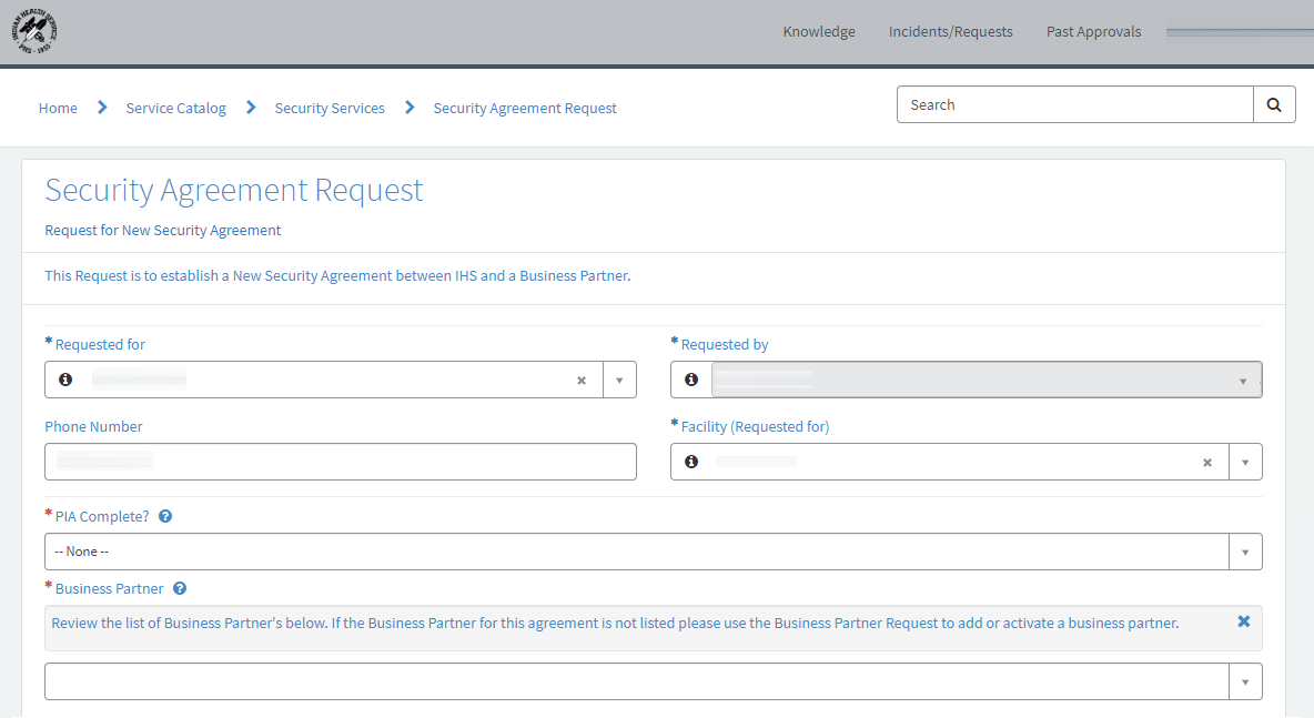 The ServiceNow Security Agreement Request form.