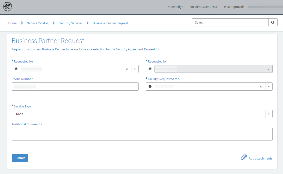The ServiceNow Business Partner Request form.