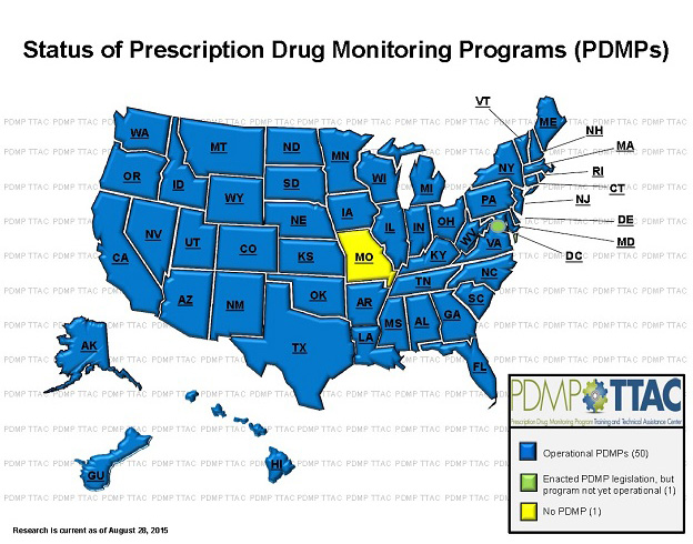 US Map showing states with PDMPs. All but MO, which has none, and DC, which enacted legislation that is not yet operational, have programs