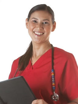 Woman nurse in red scrub smiling