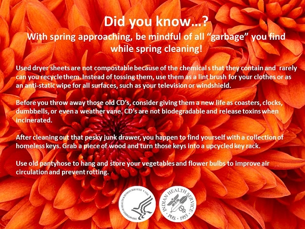 Did you know? With spring approaching, be mindful of all garbage you find while spring cleaning! Used dryer sheets are not compostable because of the chemical s that they contain and  rarely can you recycle them. Instead of tossing them, use them as a lint brush for your clothes or as an anti-static wipe for all surfaces, such as your television or windshield. Before you throw away those old CD's, consider giving them a new life as coasters, clocks, dumbbells, or even a weather vane. CD's are not biodegradable and release toxins when incinerated. After cleaning out that pesky junk drawer, you happen to find yourself with a collection of homeless keys. Grab a piece of wood and turn those keys into a upcycled key rack. Use old pantyhose to hang and store your vegetables and flower bulbs to improve air circulation and prevent rotting.
