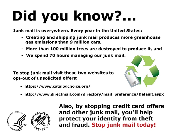 Did you know?  Junk mail is everywhere. Every year in the United States:  creating and shipping junk mail produces more greenhouse gas emissions than 9 million cars; more than 100 million trees are destroyed to produce it; and we spend 70 hours managing our junk mail.