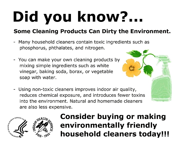 Did you know? Some Cleaning Products Can Dirty the Environment. Many household cleaners contain toxic ingredients such as phosphorus, phthalates, and nitrogen. You can make your own cleaning products by mixing simple ingredients such as white vinegar, baking soda, borax, or vegetable soap with water. Using non-toxic cleaners improves indoor air quality, reduces chemical exposure, and introduces fewer toxins into the environment. Natural and homemade cleaners are also less expensive. Consider buying or making environmentally friendly household cleaners today!